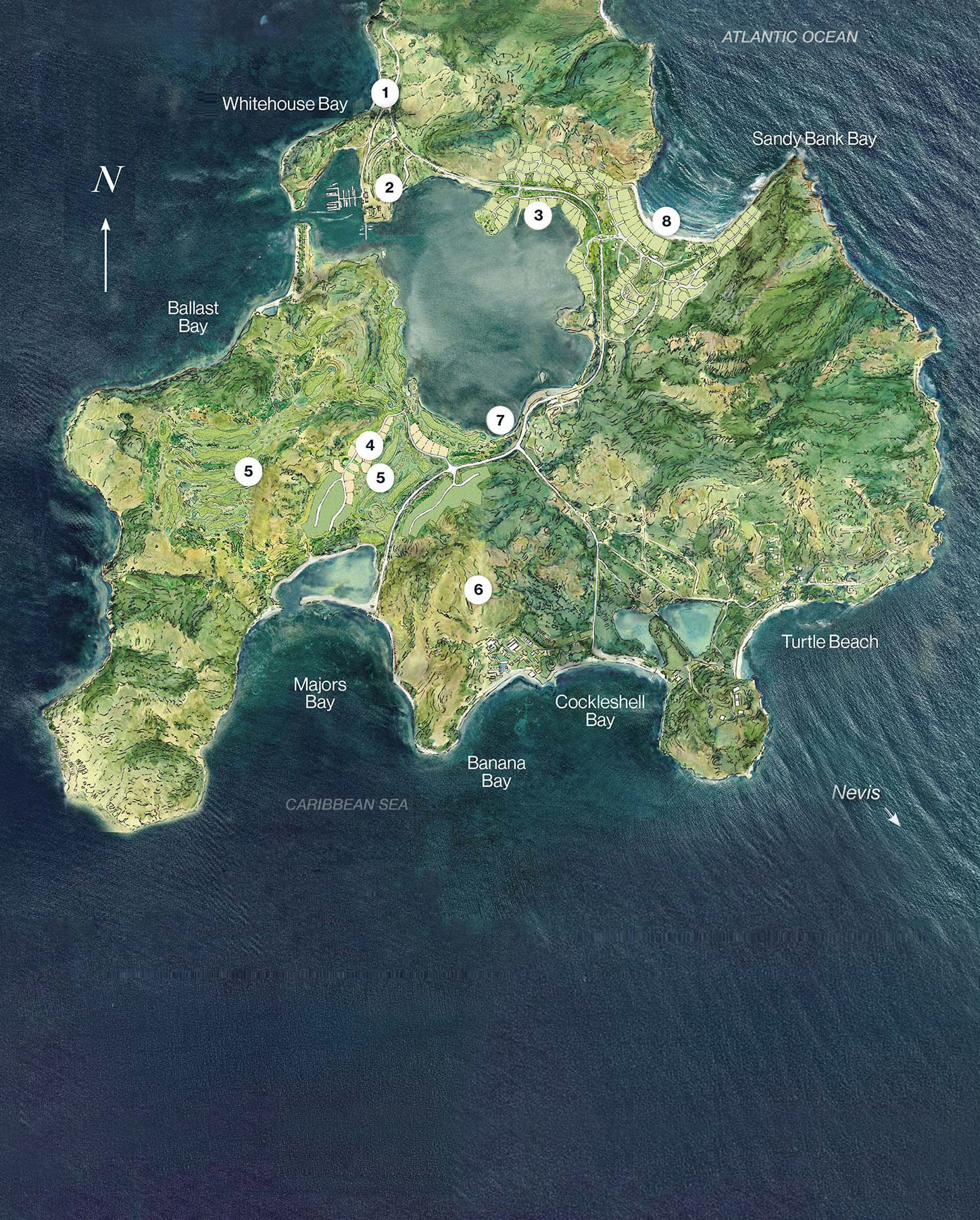 Map of Christophe Harbour in St. Kitts showing Salt Plage, Marina Village, Harbourside, Golf Club Village, Golf Course, Park Hyatt Hotel, 19th Hole, and Beach Village.